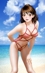 1girls bare_shoulders beach breasts brown_eyes brown_hair clouds copyright_request female highres leaning_forward lips looking_at_viewer navel nipples open_mouth pink_lips pubic_hair see-through smile solo swimsuit water yui_toshiki