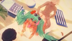 1girls 2boys beach big_ass big_breasts big_penis black_hair blonde_hair blue_hair bouncing_ass bouncing_breasts brazilian_miku brown_body brown_skin condom condom_in_mouth cum_in_pussy doggy_style grabbing grabbing_ass grabbing_from_behind hair_ornament hatsune_miku heart heart-shaped_pupils jerking koikatsu krackdraw long_hair looking_at_viewer loop plap plap_(sound) precum pulling_hair sex smile smiling sound sunglasses sunglasses_on_head tagme tanline threesome twintails twintails used_condom video vocaloid