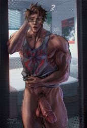 1boy balls big_pecs big_penis bottomless bottomless_male glasses male male_focus male_only marvel marvel_comics marvel_rivals muscular muscular_male nihun nipples one_eye_closed open_mouth pecs penis peter_parker pubes pubic_hair solo solo_male spider-man spider-man_(marvel_rivals) spider-man_(series) tank_top veiny_penis