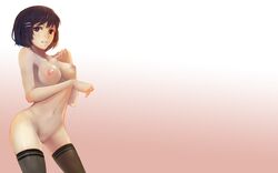 black_hair breasts hanekawa_tsubasa monogatari_(series) nipples nisemonogatari nude purple_eyes short_hair sola7764 thighhighs uncensored vagina