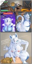 absurd_res anthro ass balls battle_hound_(fortnite) big_breasts blue_clothing blue_hoodie blue_topwear bodily_fluids breasts canid canine catalyst_(fortnite) clothed clothing coat comic curled_tail dialogue digital_media_(artwork) duo english_text epic_games female female_penetrated fortnite fox fur gameplay_mechanics genital_fluids genitals gui hair hand_on_butt hand_on_chest hand_on_leg hand_on_thigh health_bar heart_shaped_tail heart_symbol hi_res hoodie human human_on_anthro interspecies looking_at_another looking_at_partner looking_at_viewer male male/female male_penetrating male_penetrating_female mammal mask meme metal_mask nipples nude one_page_comic penetration penile penile_penetration penis penis_in_pussy pussy sex smile spread_butt spreading tail tcg_(artist) text topwear trade_offer vaginal_penetration vaginal_penetration white_body white_clothing white_coat white_fur white_topwear