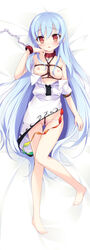 barefoot blue_hair blush bondage crotch_rope dakimakura feet high_resolution kazakura long_hair nipples panties pink_panties red_eyes rope solo tenshi_hinanawi touhou underwear