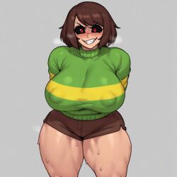 1girls ai_generated big_breasts black_eyes boobs breasts brown_hair chara dress female light_skin nipples red_eyes smile srimbievil58 sweat thick_thighs thighs undertale undertale_(series) video_games