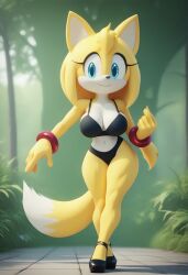 1girls ai_generated bare_shoulders black_bikini blonde_hair cleavage crossed_legs female fox_ears fox_girl fox_tail large_breasts sonic_(series) sonic_the_hedgehog_(series) wide_hips zooey_the_fox