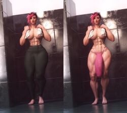 1futa 3d abs arcane bulge bulge_down_leg bulge_through_clothing bulge_under_clothes cock_sleeve_(clothes) futanari huge_cock huge_penis large_breasts leggings locker_room muscles muscular_futanari pants penis_sock penis_to_the_knees pink_hair salamandraninja shower towel vi