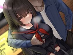 1boy asian_female asian_male bad_id bad_pixiv_id bag black_hair black_shirt black_skirt blush breasts brown_eyes female grabbing_another's_breast groping highres holding holding_bag holding_breast large_breasts long_hair long_sleeves original parted_lips school_uniform serafuku shirt skirt solo_focus straight yamamura_umi