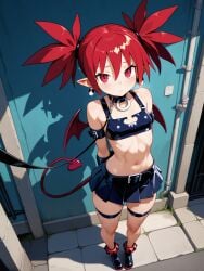 1girls ai_generated blush collar disgaea etna fishnets leash miniskirt pet pet_girl petite pointy_ears red_eyes red_hair slim_waist small_breasts succubus tail thick_thighs toned wings