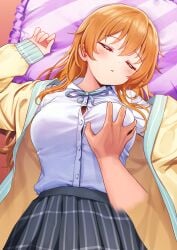 1boy :o arm_up asleep black_skirt blush breasts button_gap closed_eyes collared_shirt commentary_request deadnooodles diagonal_stripes disembodied_hand dress_shirt facing_viewer female frilled_pillow frills grabbing_another's_breast groping hair_between_eyes highres jacket konoe_kanata large_breasts long_hair long_sleeves love_live! love_live!_nijigasaki_high_school_idol_club off_shoulder open_clothes open_jacket orange_hair paid_reward_available parted_lips pillow pleated_skirt puffy_long_sleeves puffy_sleeves school_uniform shirt skirt sleep_molestation sleeping sleeves_past_wrists solo_focus straight striped_pillow summer_uniform very_long_hair white_shirt yellow_jacket