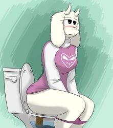 absurd_res anthro ass bathroom big_breasts big_butt blush boss_monster_(undertale) bottomwear bovid breasts caprine clothed clothing digital_media_(artwork) feces female fur goat hi_res horn long_ears looking_up mammal mature_female notmypornaccount open_mouth panties partially_clothed scat simple_background sitting solo text thick_thighs toilet toilet_use topwear toriel undertale undertale_(series) underwear white_body white_fur