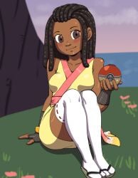 african_female ayana_(mermaid_kunoichi) black_hair blush dark-skinned_female dark_brown_eyes dark_skin darkeros13 dreadlocks grass grass_field kunoichi kunoichi_dress looking_at_viewer ninja ninja_outfit pokeball pokemon_legends:_arceus sandals sitting sitting_down tree white_legwear younger_female