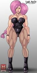 big_hair black_footwear black_leotard boots braided_ponytail broad_shoulders estella_comics fishnet_stockings full_body green_eyes large_breasts long_hair low_ponytail mannyestella mrestella muscular_arms muscular_female muscular_legs original photo_reference pink_lips standing