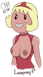 adventure_time big_breasts blonde_hair lamprey_princess nipples nomdepenn sharp_teeth simple_background solo solo_female tiara white_background