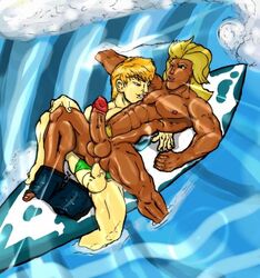 abs anal_penetration anal_sex bara blonde_hair dark-skinned_male erect_nipples erection gay hand_on_knee legs_held_open long_hair male male/male male_nipple_licking male_only male_penetrated male_penetrating muscle muscles one_eye_closed pecs penis_in_ass penis_size_difference pleasure_face precum_bubble shorts_around_one_leg shorts_aside sitting_on_penis spread_legs surfboard surfer surfing topless veiny_penis yaoi yellow_skin