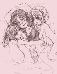 bed_sheet blush bottomless breast_grab butt_crack female hand_in_shirt human long_hair madoka_kaname mahou_shoujo_madoka_magica miki_sayaka monochrome mound_of_venus naked_shirt navel nude pillow sakura_kyouko short_hair tied_hair trembling twintails yukishiro_(hitsuji) yuri