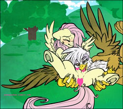 avian blush censored crotchboobs equine female fluttershy_(mlp) friendship_is_magic gilda_(mlp) gryphon holly_massey horse interspecies licking my_little_pony pegasus pony tongue tree wings wood yellow_eyes yuri