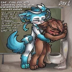 2025 3_toes 4_fingers anthro avis_(sylveon) bathroom bathroom_sex bite black_nose blue_body blue_eyes blue_fur blush bodily_fluids breasts brown_body brown_fur brown_hair brown_nose crossed_out_text cum day_count dialogue duo ear_bite eevee eeveelution feet female fingers from_behind_position fur generation_1_pokemon generation_6_pokemon genital_fluids hair hi_res holding_breast looking_at_another looking_pleasured male nintendo open_mouth paws pokemon pokemon_(species) public_restroom restroom_stall sex sylveon tan_body tan_fur text toes toilet tongue tragiccurse white_body white_fur