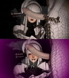 2girls 3d au_ra chained cum_in_mouth defeated dick_on_face dripping_cum final_fantasy_xiv futanari hypnosis mind_control nun_outfit status_effect worship