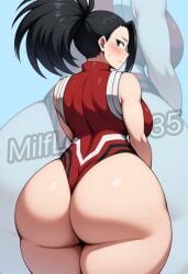 1girls ai_generated ass ass_focus back_view big_ass big_breasts black_eyes black_hair blush female female_focus female_only hero_outfit_(mha) leotard looking_at_viewer milflover5335 momo_yaoyorozu my_hero_academia ponytail solo solo_female solo_focus sweat thick_thighs watermark