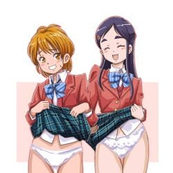 10s 2014 2girls ass_visible_through_thighs black_hair blush bow bowtie brown_hair closed_eyes embarrassed female futari_wa_precure gluteal_fold grin h26r long_hair looking_at_viewer misumi_nagisa multiple_girls panties precure pretty_cure school_uniform schoolgirl short_hair simple_background smile standing teenage_girl teenage_girls teenager teenagers thighs toei_animation underwear white_panties young young_female yukishiro_honoka