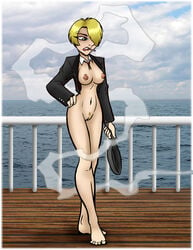 blonde_hair bottomless breasts cigarette clothes color exposed_breasts female female_only front_view frying_pan hair horu_horu_no_mi human one_piece open_clothes outdoors pussy rule_63 sanji ship short_hair smoking solo standing vinsmoke_sanji