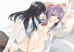 2girls age_difference akasaka_ikuno arms_up bed black_hair bottomless closed_eyes cowgirl_position female finger_in_mouth light_smile long_hair lying multiple_girls nipples open_clothes open_shirt pillow purple_eyes purple_hair pussy pussy_juice ribbon saki saliva seita smile suehara_kyouko tear thighhighs torn_thighhighs uncensored white_legwear yuri