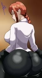 1girls ass ass_focus b&r big_ass big_breasts braid breasts chainsaw_man clothed female female_focus female_only from_behind huge_ass jacket long_hair makima_(chainsaw_man) ponytail red_hair solo solo_female solo_focus thick thick_ass thick_thighs tight_clothing yellow_eyes