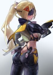 1girls ass big_ass blonde_hair bubble_butt dat_ass fat_ass female female_only gun huge_ass large_ass looking_at_viewer looking_back png rifle solo thick_ass thick_thighs tora_112233 trigger_(zenless_zone_zero) visor weapon white_background wide_hips zenless_zone_zero