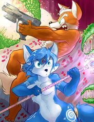 4_toes anthro barefoot black_nose blue_eyes blue_fur blue_hair breasts claws closed_mouth color female fox fox_mccloud fur furry furry_breasts furry_ears furry_tail green_eyes gun hair holding holding_gun jonas krystal krystal's_staff male nude open_eyes open_mouth pistol pointy_ears shooting short_hair staff star_fox tail weapon white_fur