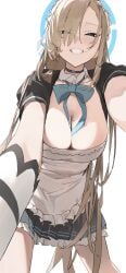 armwear asuna_(blue_archive) big_breasts blonde_hair blue_eyes bow_tie breast_focus breasts cleavage collar dominant_female eye_contact halo hanging_breasts large_breasts logknn long_hair looking_at_viewer maid maid_uniform on_top pov pov_eye_contact skirt smile thighs tie