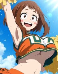 1girls ai_generated breasts cheerleader hand_up happy my_hero_academia ochako_uraraka solo