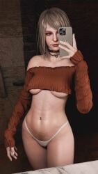 3d ashley_graham ashley_graham_(ella_freya) belly belly_piercing blonde_hair choker pubic_hair resident_evil resident_evil_4_remake selfie solo solo_female thiccboysteven underboob white_panties