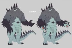 3_heads 4_fingers abs anthro balls big_penis biped canid canine claws fangs fingers flaccid foreskin genitals hi_res humanoid_genitalia humanoid_penis jacketbear male mammal mict_(jacketbear) multi_head muscular muscular_anthro muscular_male pecs penis scalie scar solo tail teeth uncircumcised