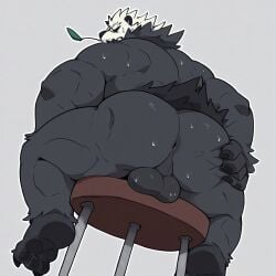 angry bear bear_humanoid black_anus black_skin claws hand_on_ass hand_on_butt male_only only_male panda_bear_humanoid pangoro pokemon pokemon_(species) shadow shadows sitting sitting_on_chair smile smiling smiling_at_viewer solid_colors white_skin