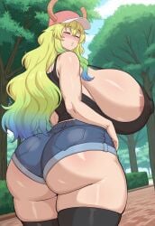 ai_generated areola_slip baseball_cap black_tank_top black_thighhighs cleavage closed_eyes covered_nipples denim_shorts from_below gigantic_ass gigantic_breasts horn huge_ass huge_breasts kobayashi-san_chi_no_maidragon looking_at_viewer low-angle_view lucoa_(maidragon) mature_female milf milkersenjoyer miss_kobayashi's_dragon_maid quetzalcoatl_(dragon_maid) sideboob sleeveless thick_thighs very_long_hair wide_hips