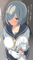 1boy between_breasts blue_eyes blush breasts commentary_request female gloves grabbing_another's_breast groping guided_breast_grab guiding_hand hair_ornament hair_over_one_eye hairclip hamakaze_(kancolle) hand_under_clothes hand_under_shirt highres kantai_collection large_breasts looking_at_viewer neckerchief no_legwear parted_lips pleated_skirt pov school_uniform serafuku shirt short_hair skirt sleeves_rolled_up solo_focus straight tenpesuto translated white_gloves white_hair yellow_neckerchief