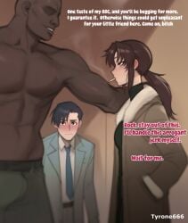 1girls 2boys ai_generated arrogant black_hair black_lagoon blush breasts brown_hair cigarette dark-skinned_male dark_skin english_text faceless_male jacket larger_male muscular muscular_male ponytail revy smirk smoking smoking_cigarette topless topless_male turtleneck tyrone666 you_gonna_get_raped