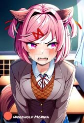 ai_generated clothed crying crying_with_eyes_open doki_doki_literature_club fully_clothed natsuki_(doki_doki_literature_club) werewolf werewolf_girl werewolfmonikaa