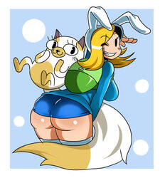 adventure_time apple_butt ass backpack blonde_hair bottomless bottomless_skirt bubble_butt cake_the_cat cartoon_network cat duo female_focus fionna_the_human_girl fluffy_tail genderbent hat large_tail looking_at_viewer one_eye_closed pac-man_eyes rabbit_ears sideboob skindentation smile sssonic2 tagme tail thighhighs upskirt warner_bros warner_brothers wink