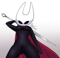 1girls 2025 anthro_bug arachnid black_body breasts bug bug_girl cape cape_only cartoony cel_shading clitoris cloak cloak_only female female_only functionally_nude functionally_nude_female gradient_background hollow_eyes hollow_knight hollow_knight:_silksong hollow_knight_(franchise) hornet_(hollow_knight) hourglass_figure itamigao low-angle_view mouthless needle nipples no_background no_fingers no_mouth no_navel non-human pinup pose posing presenting_pussy pussy self_upload signature simple_background small_breasts smooth_skin soft_lighting solo solo_female solo_focus standing thick_thighs toony weapon weapon_over_shoulder wide_hips