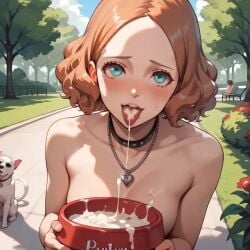 ai_generated blush collar cum cum_in_bowl cum_in_mouth female haru_okumura naked_female park persona persona_5 pet_girl petplay public_indecency public_nudity puppy submissive_female tongue_out