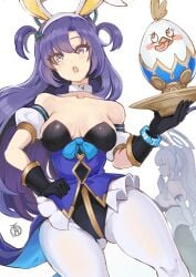 2girls artist_signature ass ass_visible_through_thighs back bangs bare_back bare_shoulders big_ass blue_archive blue_eyes blue_hair blunt_bangs breasts bunny_ears bunny_girl bunnysuit choker collarbone covering_mouth egg female female_only fire_emblem_heroes gloves halo hand_on_own_hip holding large_breasts laugh leotard long_hair looking_at_viewer medium_breasts multiple_girls nintendo noa_(blue_archive) open_mouth pantyhose playboy_bunny ponytail revolverwingstudios shoulders sideboob smile solo_focus standing twintails very_long_hair white_background white_hair wide_hips yuuka_(blue_archive)