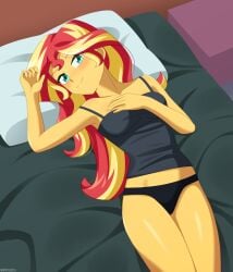 black_panties camisole equestria_girls female green_eyes looking_at_viewer lying_on_back lying_on_bed my_little_pony panties riouku solo sunset_shimmer two-tone_hair