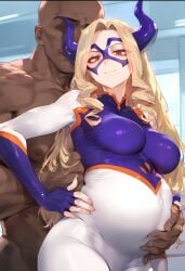 1boy 1girls ai_generated blonde_hair boku_no_hero_academia dark-skinned_male dark_skin huge_breasts interracial mount_lady my_hero_academia pregnant takeyama_yuu yuu_takeyama