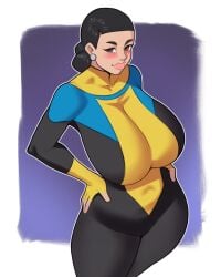 #idiot2006 black_hair blush brown_eyes debbie_grayson deborah_grayson earrings heavy_breasts invincible invincible_(cosplay) jakuson_z milf pink_lips superhero_costume thick thick_ass