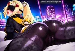 ai_generated ass ass_focus blonde_hair blush bodysuit cameltoe close-up fat_ass from_behind lying on_stomach ponytail pussy sensualdiffusion shiny_skin spread_legs tight_clothing toned trigger_(zenless_zone_zero) zenless_zone_zero zzz