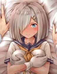 1boy 1girls arm_support bed bed_sheet between_breasts blue_eyes blue_sailor_collar blush breasts collarbone covering_breasts covering_privates crossed_arms dress_shirt embarrassed female fingernails from_above full-face_blush grey_hair hair_ornament hair_over_one_eye hairclip hamakaze_(kantai_collection) highres kamelie kantai_collection looking_at_viewer looking_up lying male male/female medium_breasts neckerchief on_back pov sailor_collar sailor_shirt school_uniform serafuku shirt short_hair short_sleeves solo_focus teardrop upper_body white_shirt yellow_neckerchief