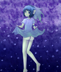 aqua_spirit blue_eyes dress_lift gloves head_fins looking_back short_hair smile yu-gi-oh!