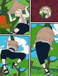 absorb absorption absorption_vore ass_view breasts cell_(dragon_ball) cell_vore crossover dragon_ball dragon_ball_super dragon_ball_z fighting_back flesh_tunnel godvore internal_view internal_vore large_breasts naruto naruto_(series) neck_grab struggling_to_get_out tail_bulge tail_vore tsunade worried_expression worried_face