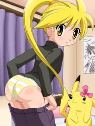 1girls blonde_hair panties pokemoa pokemon pokemon_(manga) pokemon_adventures pokemon_rgby ponytail striped striped_panties tied_hair undressing yellow_(pokemon) yellow_striped_panties