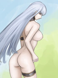 ass breasts female hirayama_koubusho long_hair looking_at_viewer medium_breasts nipples nude red_eyes selvaria_bles sideboob silver_hair solo valkyria_chronicles